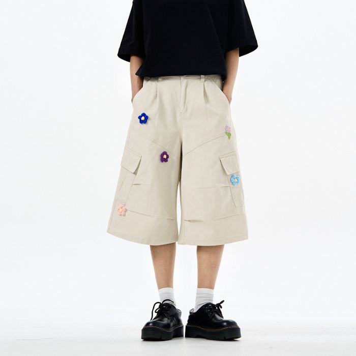 美式休閑多口袋刺繡潮牌工裝七分褲男女直筒寬松闊腿夏季情侶短褲