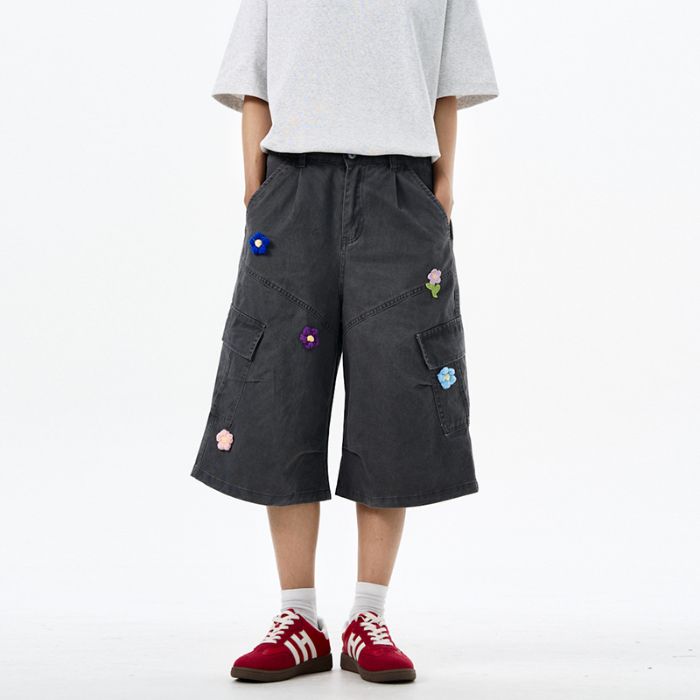 美式休閑多口袋刺繡潮牌工裝七分褲男女直筒寬松闊腿夏季情侶短褲