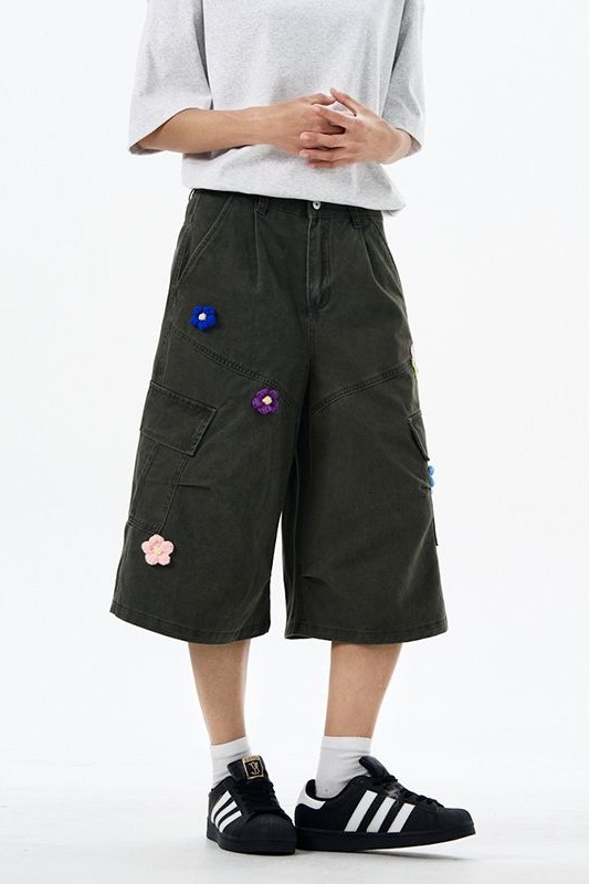 美式休閑多口袋刺繡潮牌工裝七分褲男女直筒寬松闊腿夏季情侶短褲