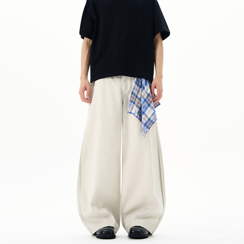 2025新款早秋美式巴黎灰休閑褲男女寬松彎刀潮牌藍色格子掛布長褲