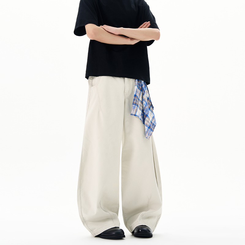 2025新款早秋美式巴黎灰休閑褲男女寬松彎刀潮牌藍色格子掛布長褲