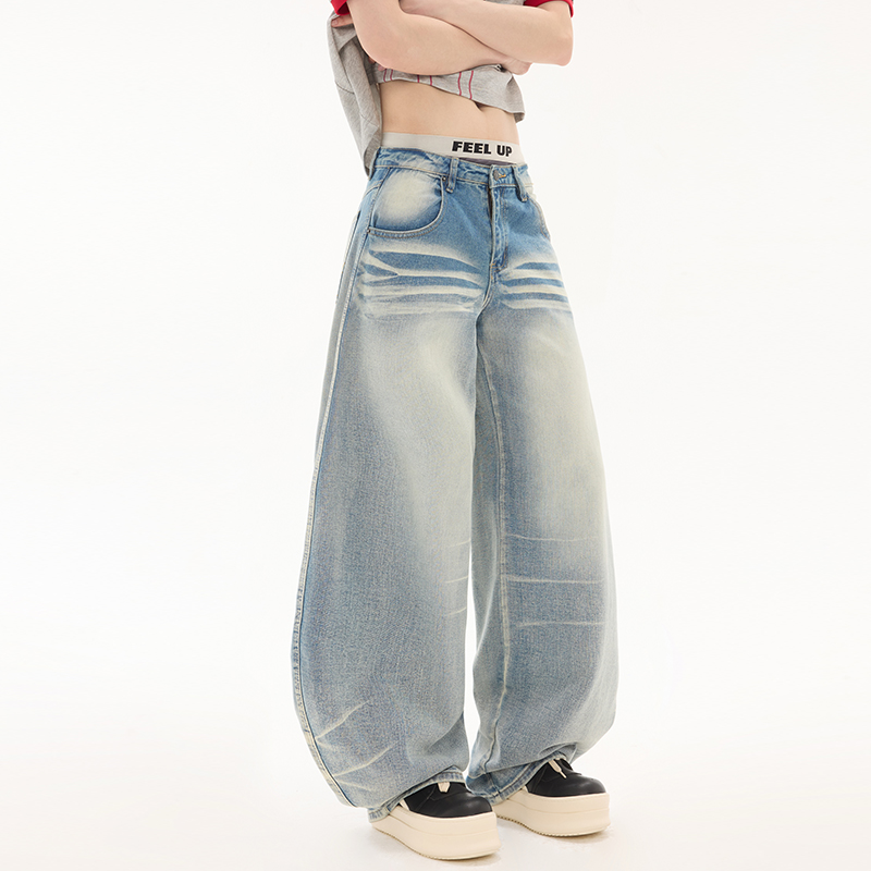 2025新款美式潮牌彎刀牛仔褲男女同款中性風寬松高街休閑長褲