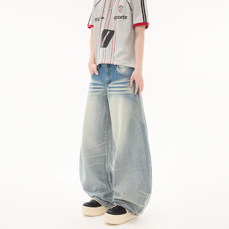 2025新款美式潮牌彎刀牛仔褲男女同款中性風寬松高街休閑長褲