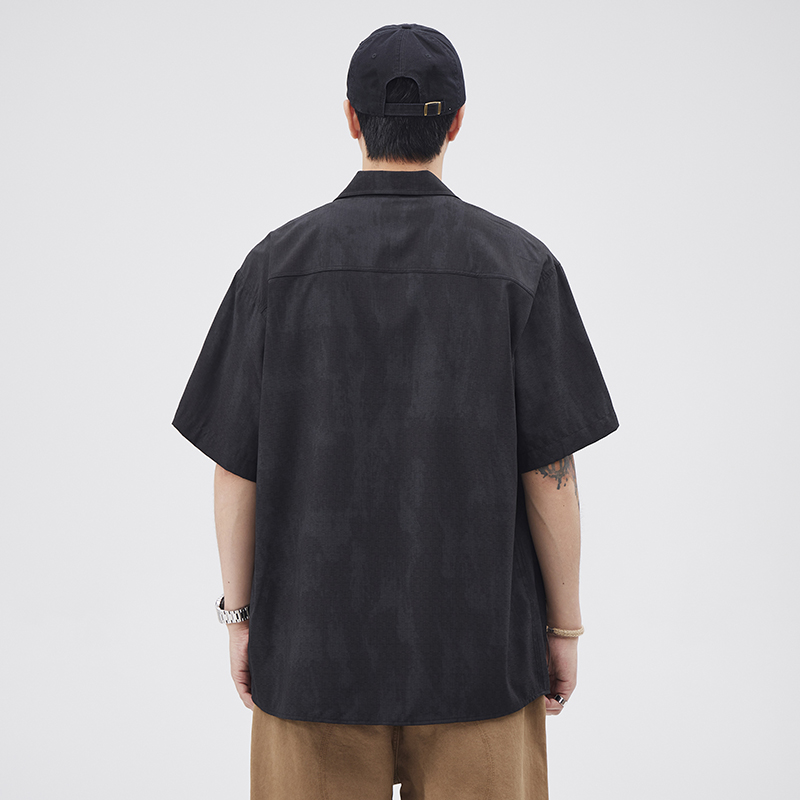 潮牌刺繡工裝短袖襯衫男士大碼翻領夏季痞帥日系寬松半袖襯衣