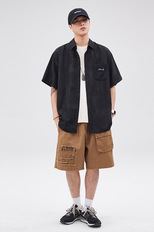 潮牌刺繡工裝短袖襯衫男士大碼翻領夏季痞帥日系寬松半袖襯衣