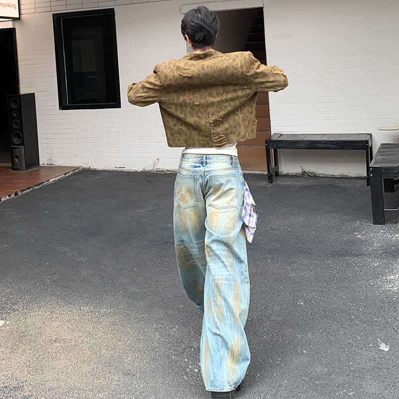 2025新款潮牌做舊扎染牛仔褲男女同款潮流闊腿彎刀中性百搭長褲
