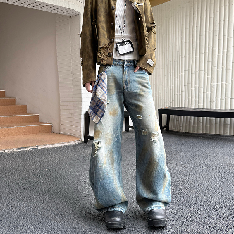 2025新款潮牌做舊扎染牛仔褲男女同款潮流闊腿彎刀中性百搭長褲