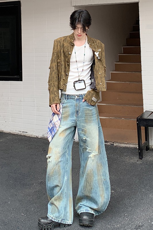 2025新款潮牌做舊扎染牛仔褲男女同款潮流闊腿彎刀中性百搭長褲