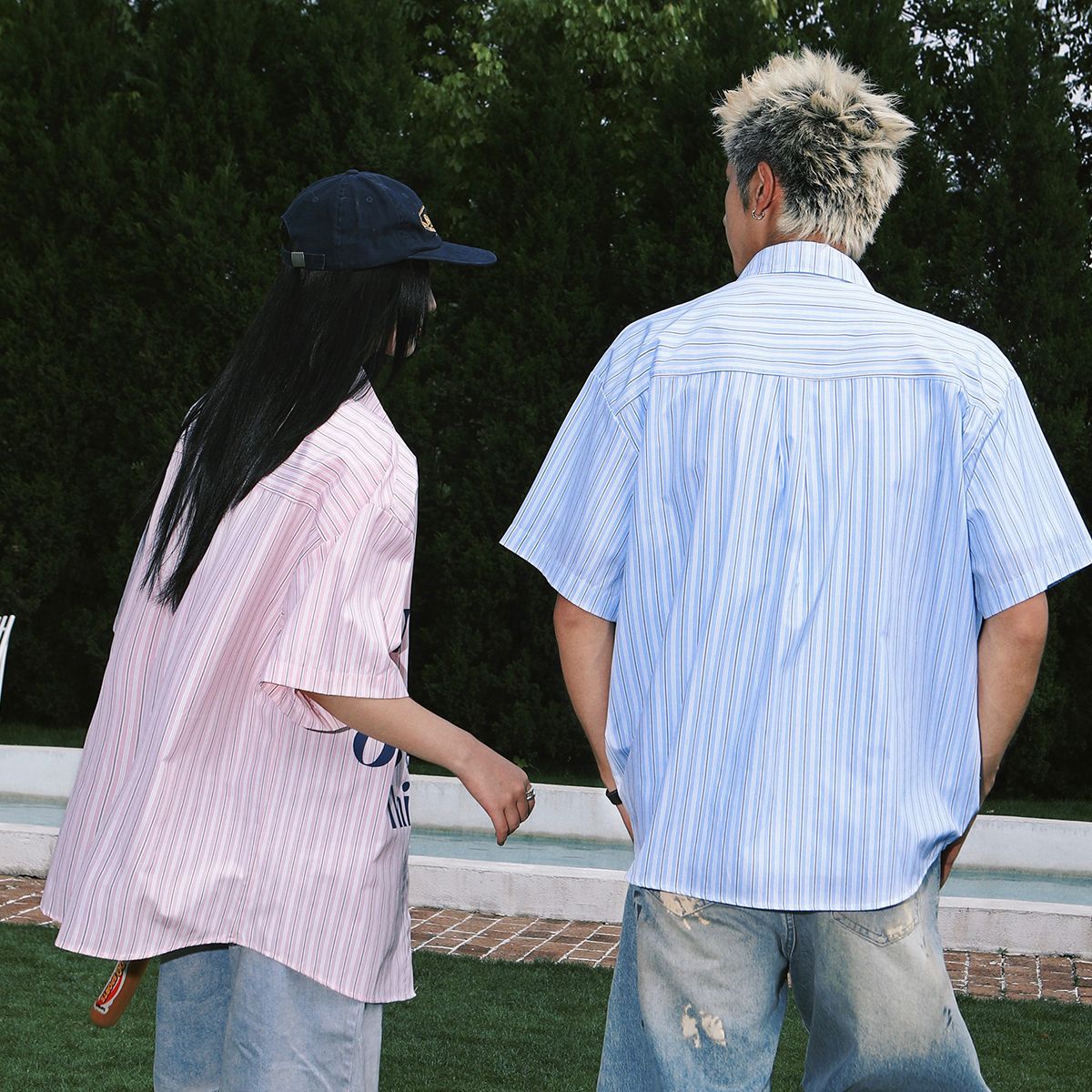 實拍2025夏季潮牌印花短袖條紋襯衫中性男女款冰感適透氣襯衣外套