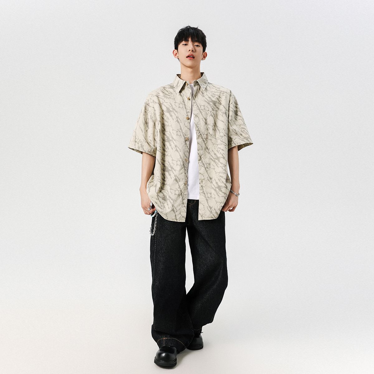 實拍2025夏季潮牌純棉工裝短袖襯衫男寬松舒適透氣滿印襯衣外套