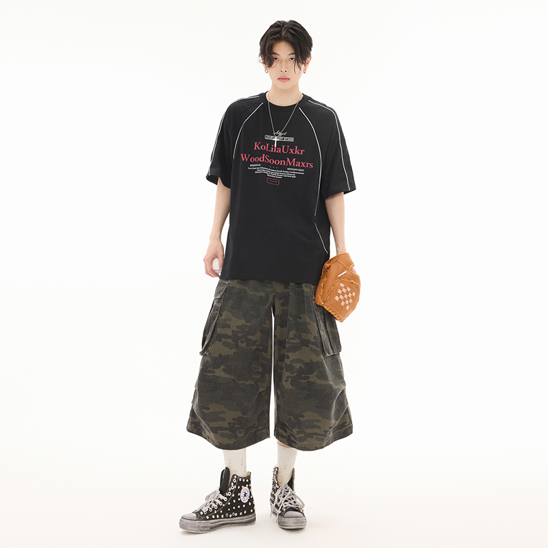 2025夏季新款潮牌迷彩七分工裝褲男女同款寬松闊腿中性百搭短褲