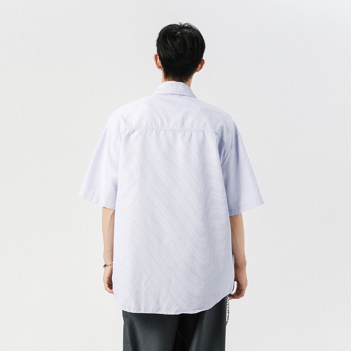 實拍2025夏季潮牌條紋冰絲短袖襯衫男女同款寬松百搭中性襯衣外套