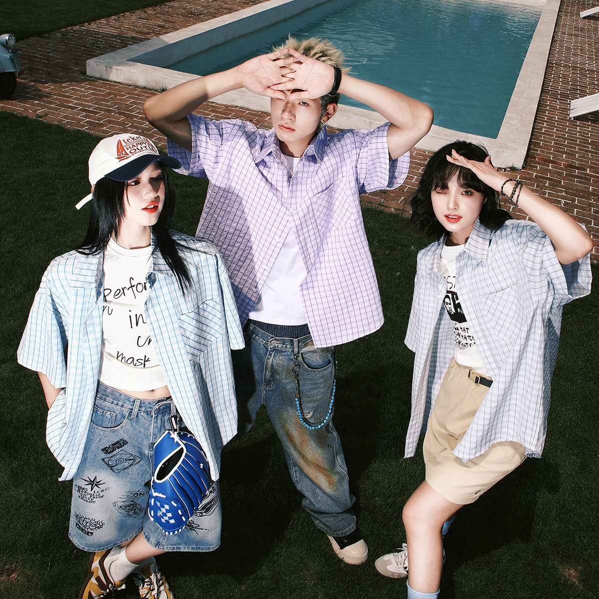 實拍2025夏季潮牌泡泡紗格子短袖襯衫男寬松舒適透氣襯衣外套