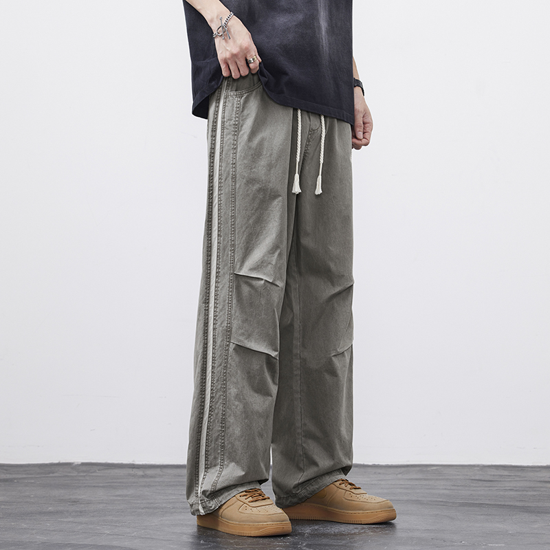 2025早秋洗褪棉布直筒拖地褲休閑傘兵褲男寬松百搭潮流純棉褲子