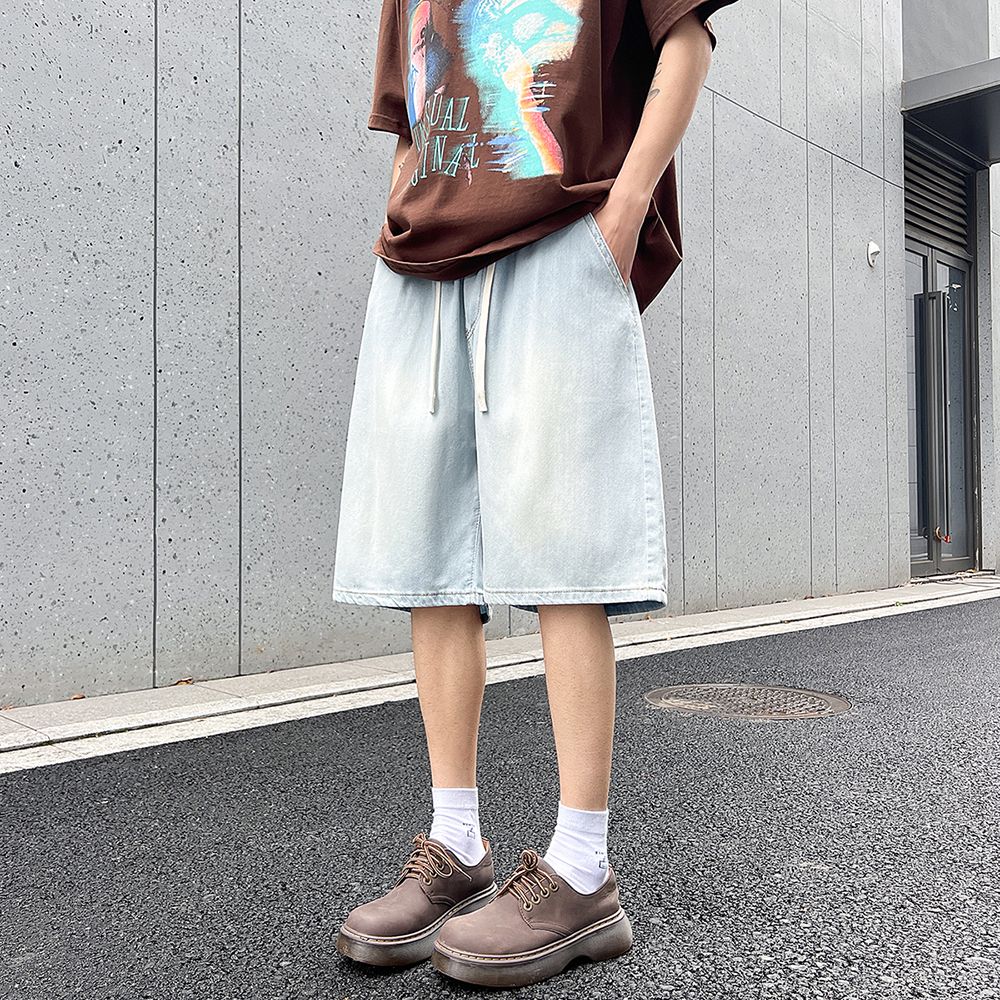 夏季短褲萊賽爾天絲五分褲新款港風寬松直筒牛仔褲松緊腰系帶中褲