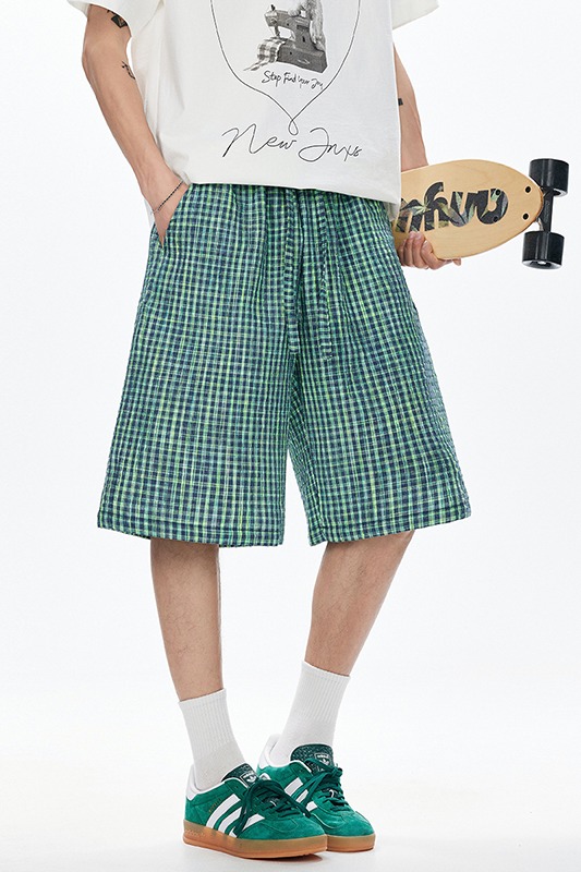 2025夏季新款休閑格子短褲男女同款寬松休閑百搭五分褲