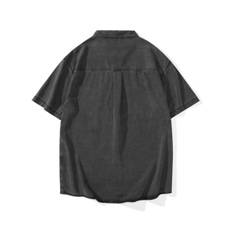 夏季高級感萊賽爾天絲牛仔短袖襯衫男寬松復古水洗工裝襯衣