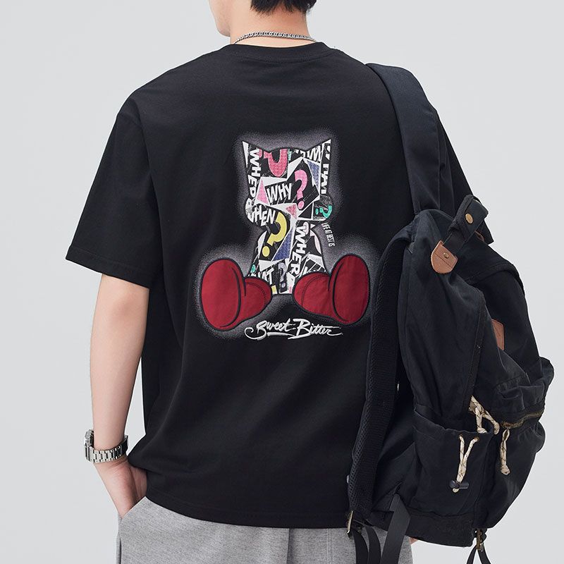短袖男2025夏季新款美式潮牌字母印花刺繡體恤寬松潮流重磅T恤男