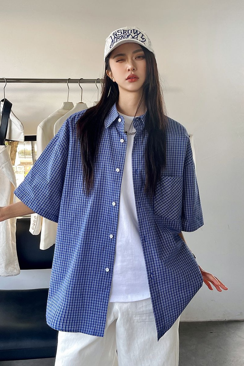 夏季新款潮牌格子短袖襯衫女寬松百搭大碼潮流中性男女情侶款