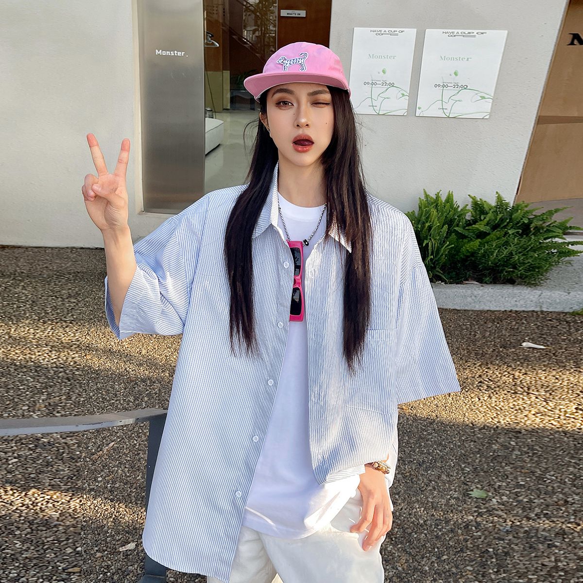 實拍2025夏季潮牌條紋冰絲短袖襯衫女寬松百搭大碼中性襯衣外套