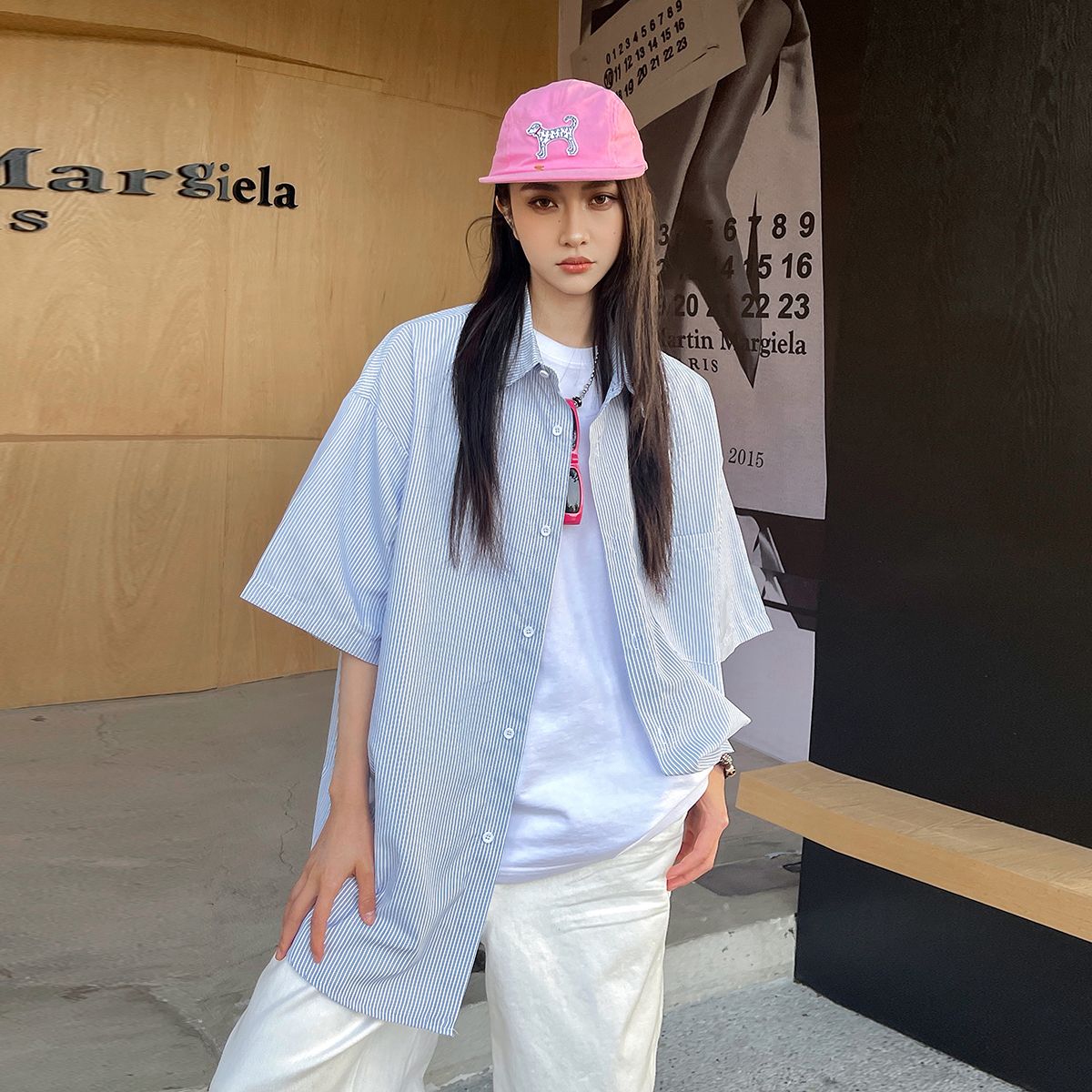 實拍2025夏季潮牌條紋冰絲短袖襯衫女寬松百搭大碼中性襯衣外套