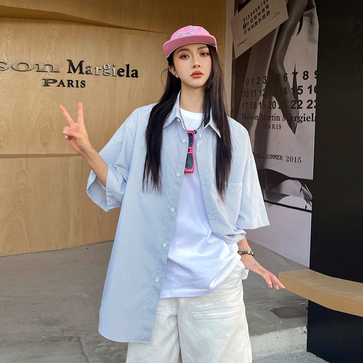 實拍2025夏季潮牌條紋冰絲短袖襯衫女寬松百搭大碼中性襯衣外套