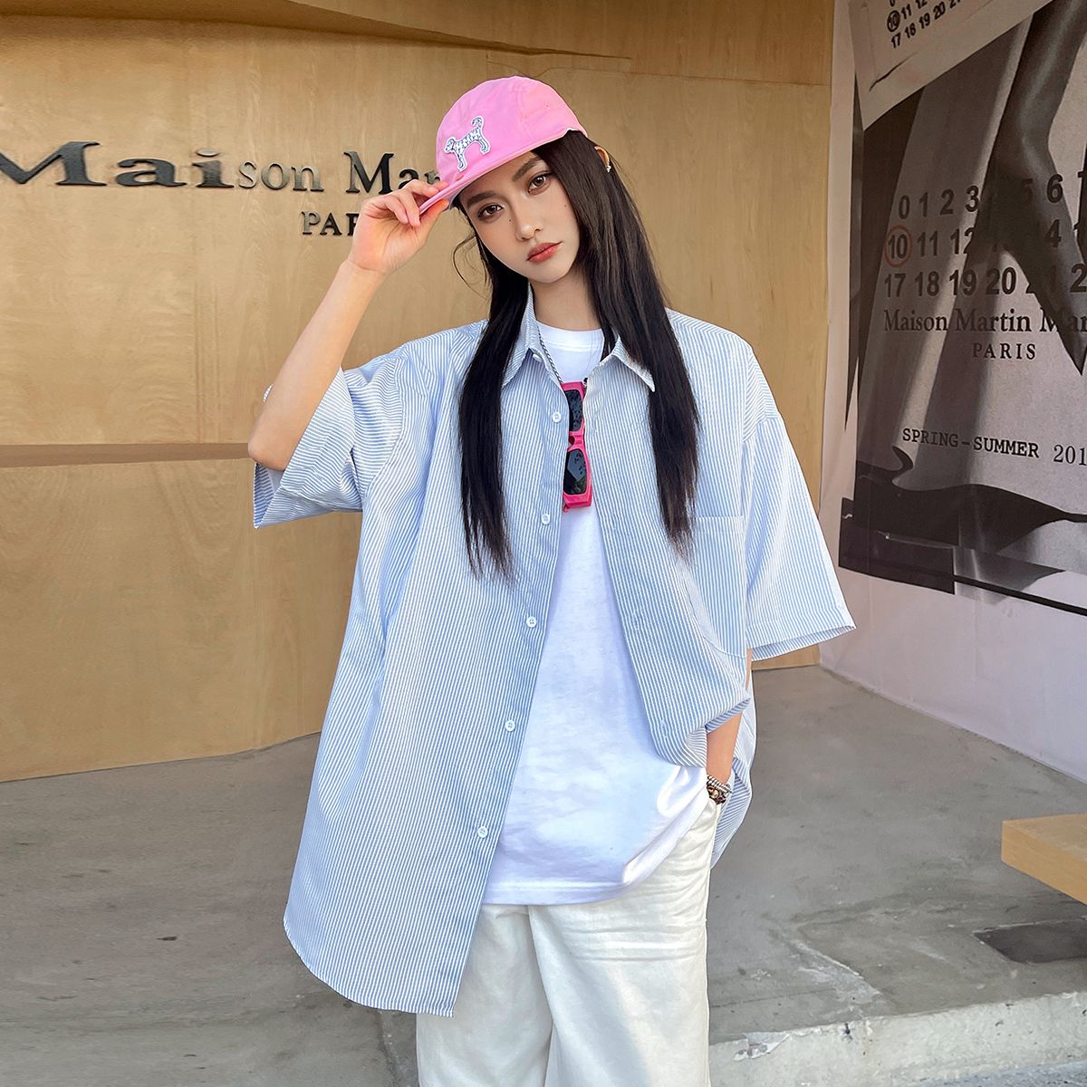 實拍2025夏季潮牌條紋冰絲短袖襯衫女寬松百搭大碼中性襯衣外套