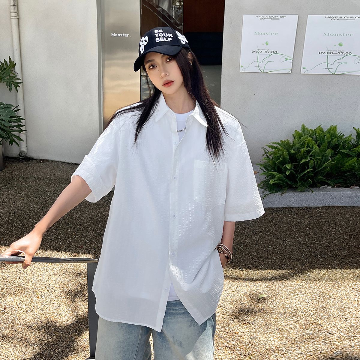 2025夏季新款潮牌泡泡紗短袖女襯衫寬松百搭中性款外套
