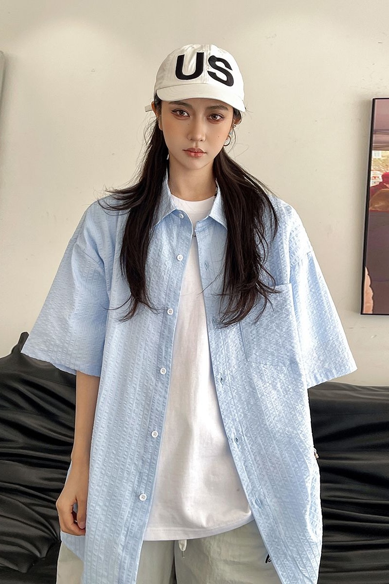 2025夏季新款潮牌泡泡紗短袖女襯衫寬松百搭中性款外套