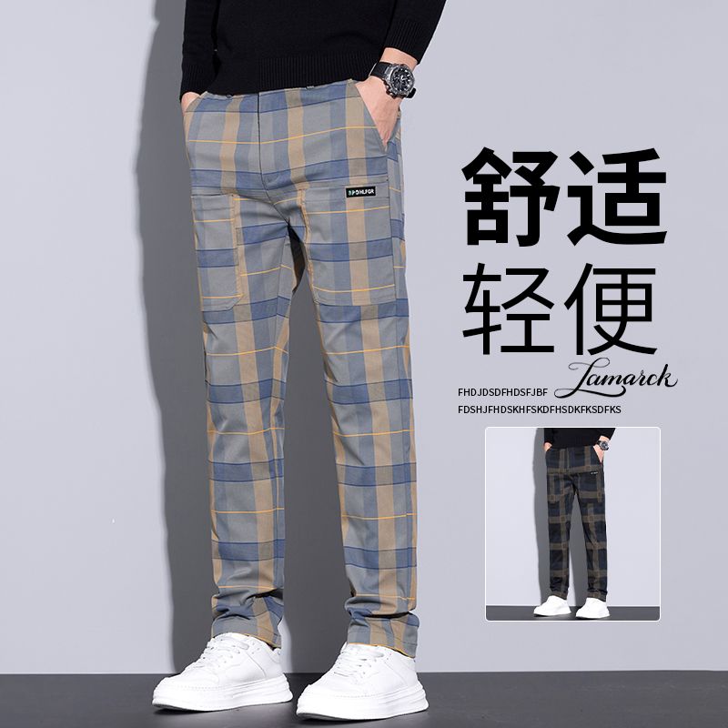 實拍2025秋季新款輕奢格紋休閑褲男時尚潮流修身彈力褲子