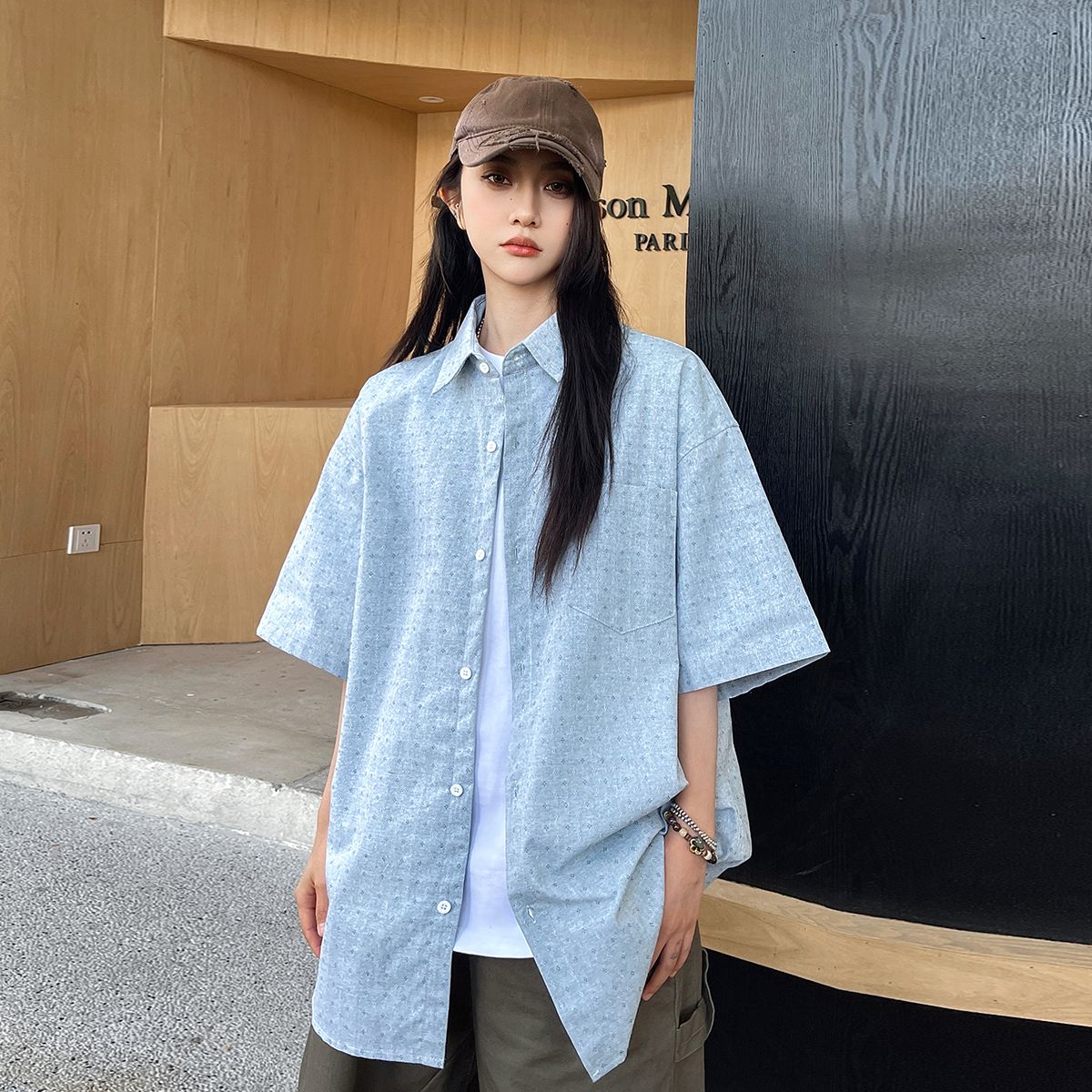 實拍2025夏季新款潮牌細格子短袖襯衫男女中性款寬松防曬冰絲外套