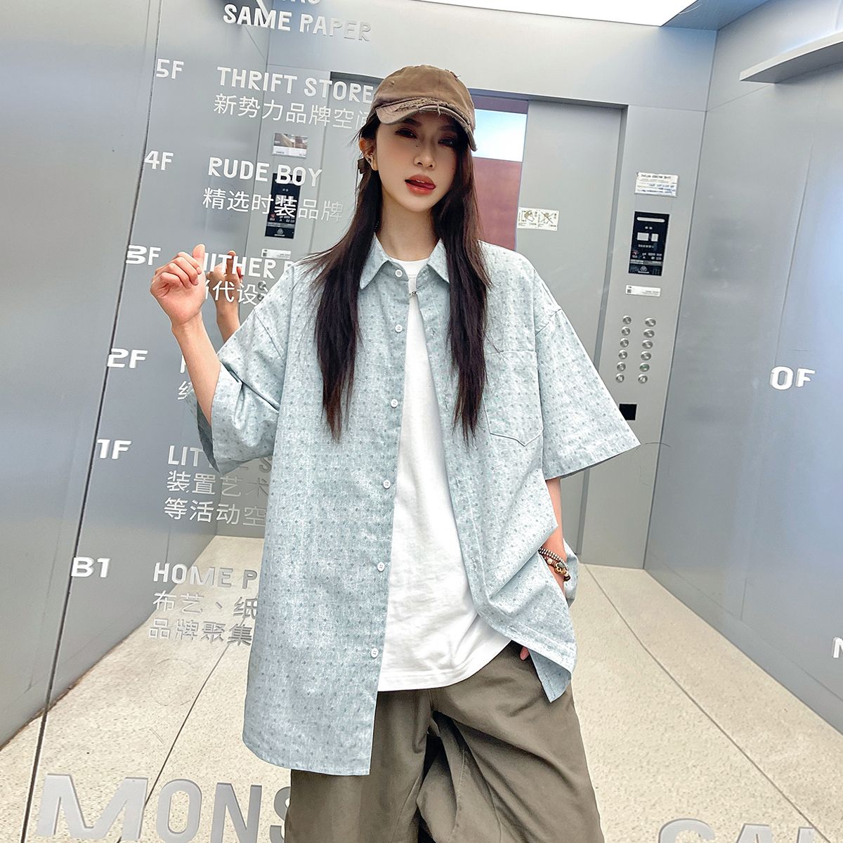 實拍2025夏季新款潮牌細格子短袖襯衫男女中性款寬松防曬冰絲外套