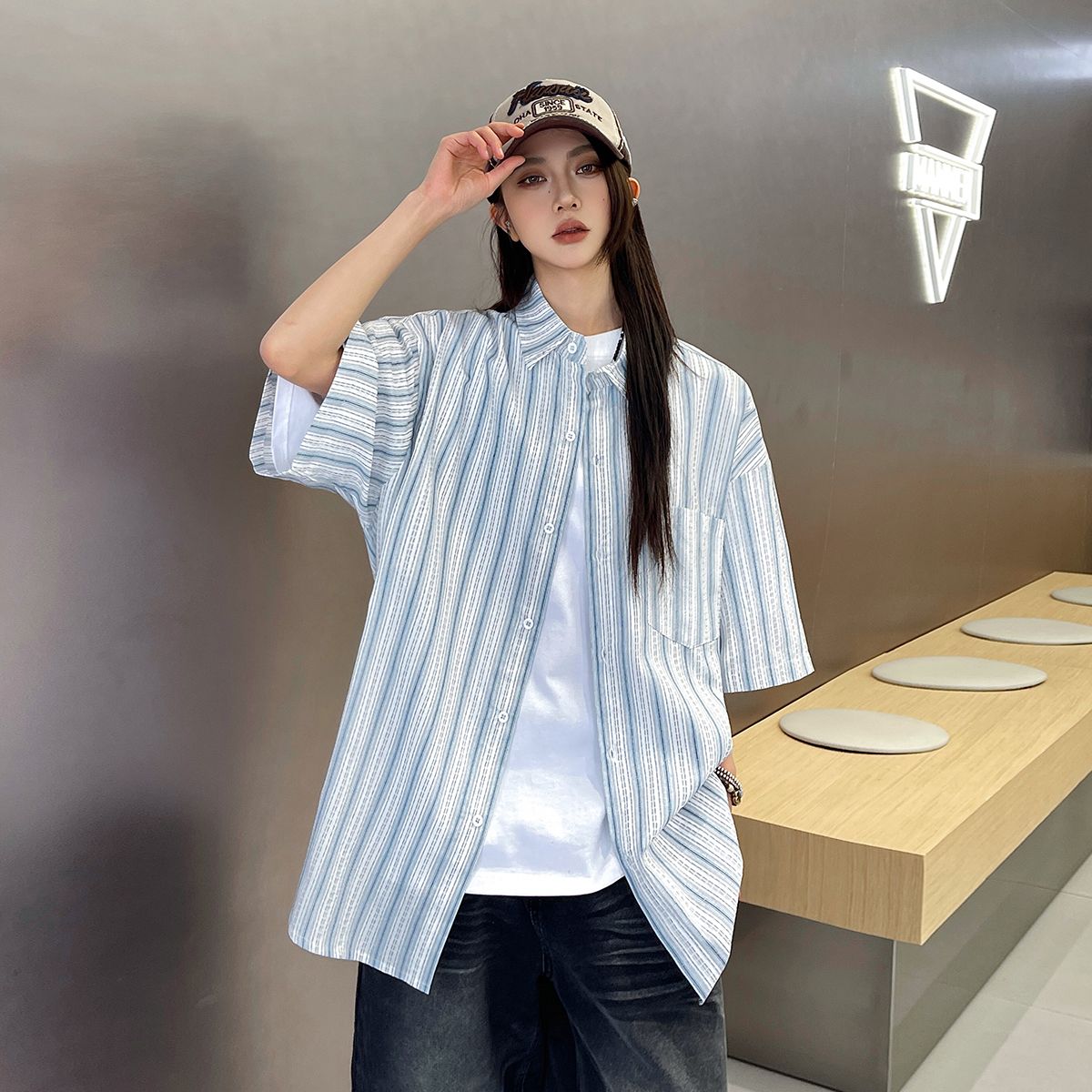 實拍2025夏季新款潮牌條紋短袖襯衫男女中性款寬松襯衣外套