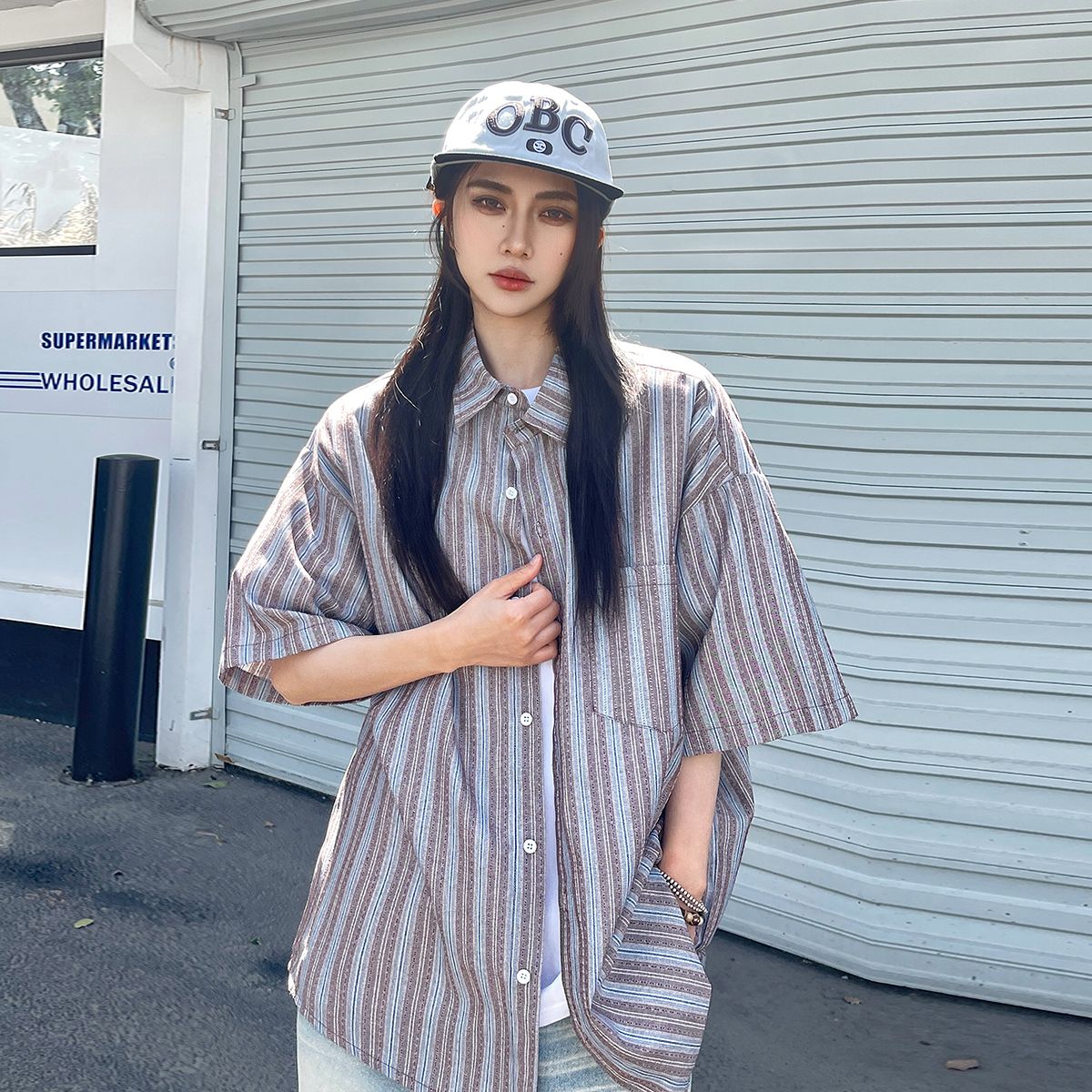實拍2025夏季新款潮牌條紋短袖襯衫男女中性款寬松襯衣外套