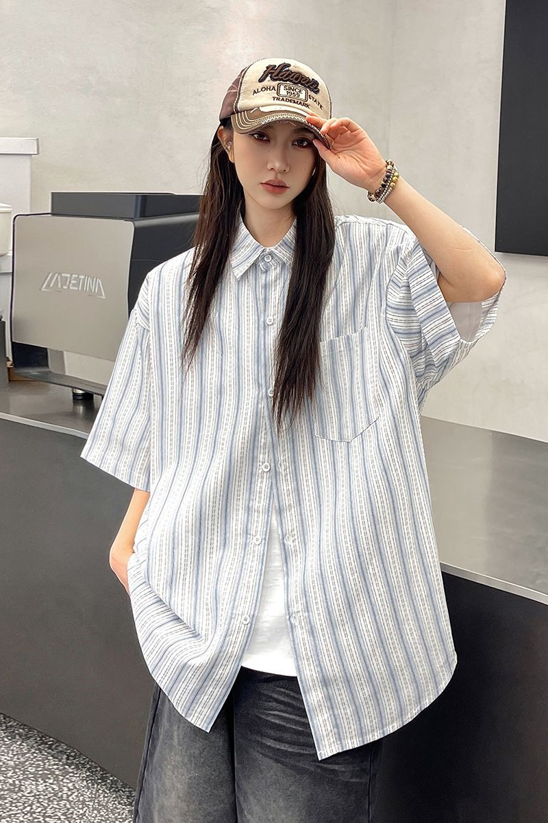 實拍2025夏季新款潮牌條紋短袖襯衫男女中性款寬松襯衣外套