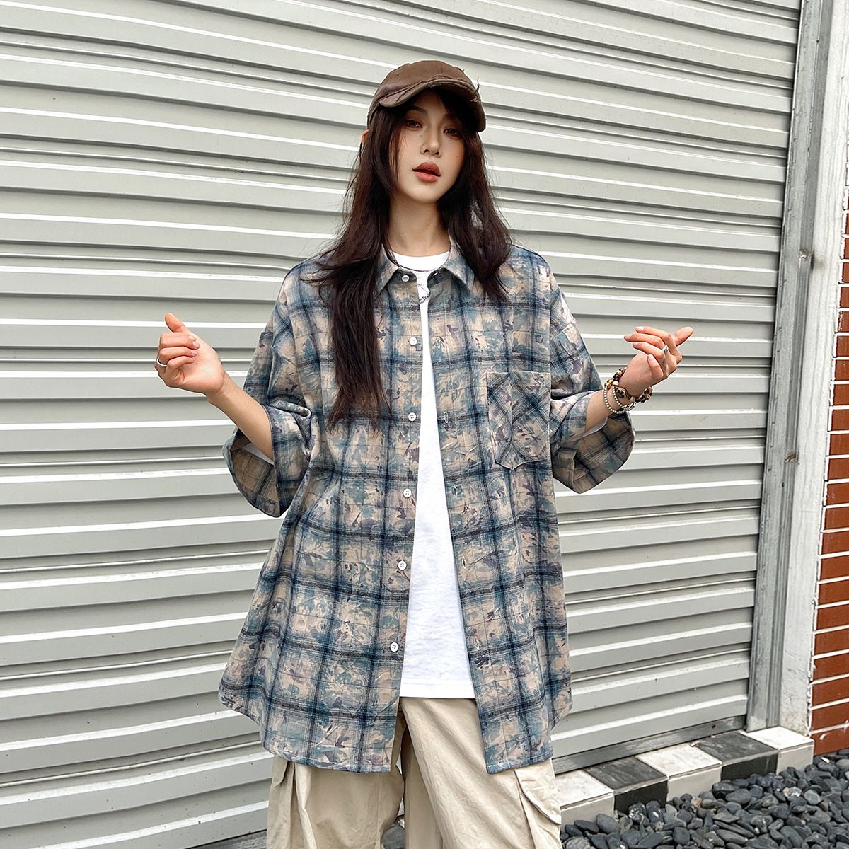 實拍2025夏季新款潮牌格子短袖襯衫男女中性款寬松冰絲扎染外套