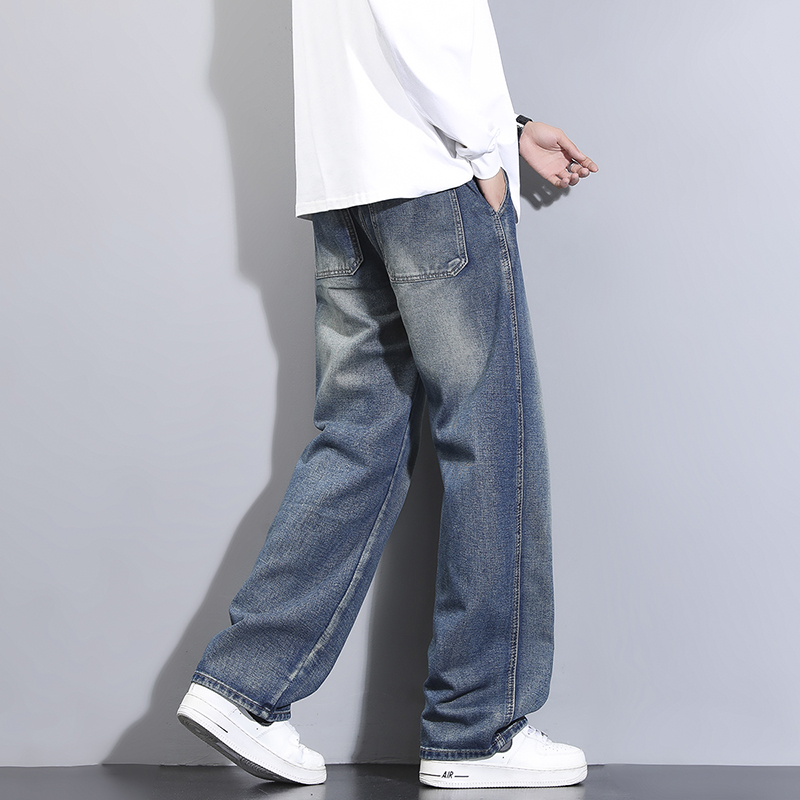 實拍牛仔褲男2025秋季新款松緊腰寬松水洗復古休閑百搭直筒長褲