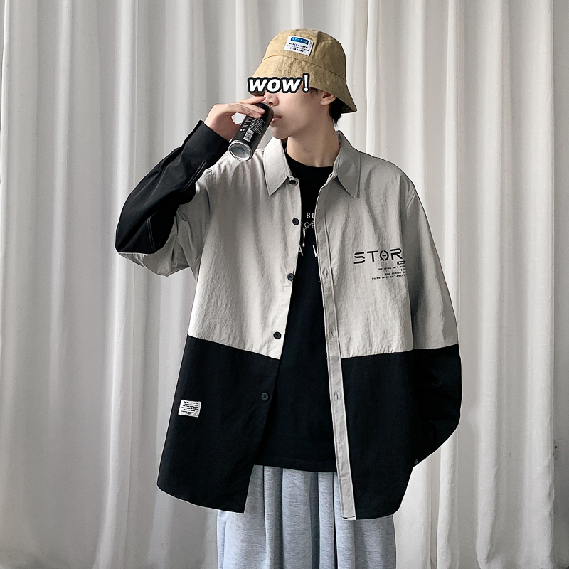 實拍2025新款秋季拼接襯衫男士寬松高級感韓版垂感上衣外套潮