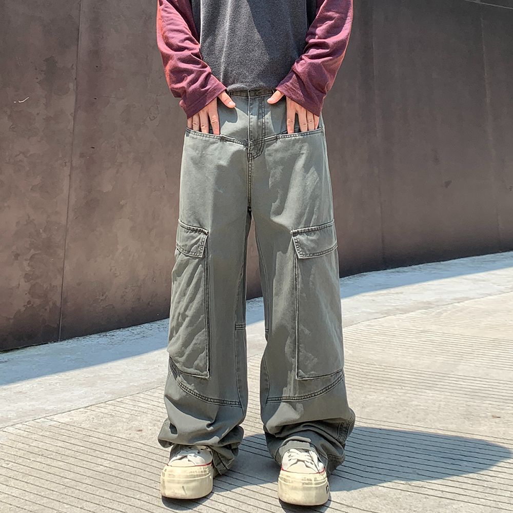 美式寬松直筒闊腿垂感立體剪裁酷帥潮松弛感男女中性款工裝休閑褲
