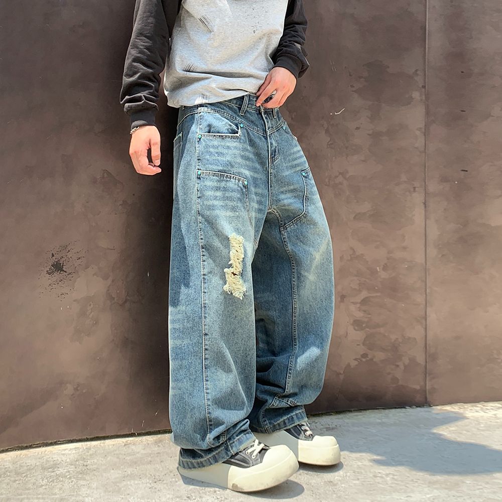 秋季新款美式潮牌硬漢寬松直筒AC巴家網紅推薦酷帥男女中性牛仔褲