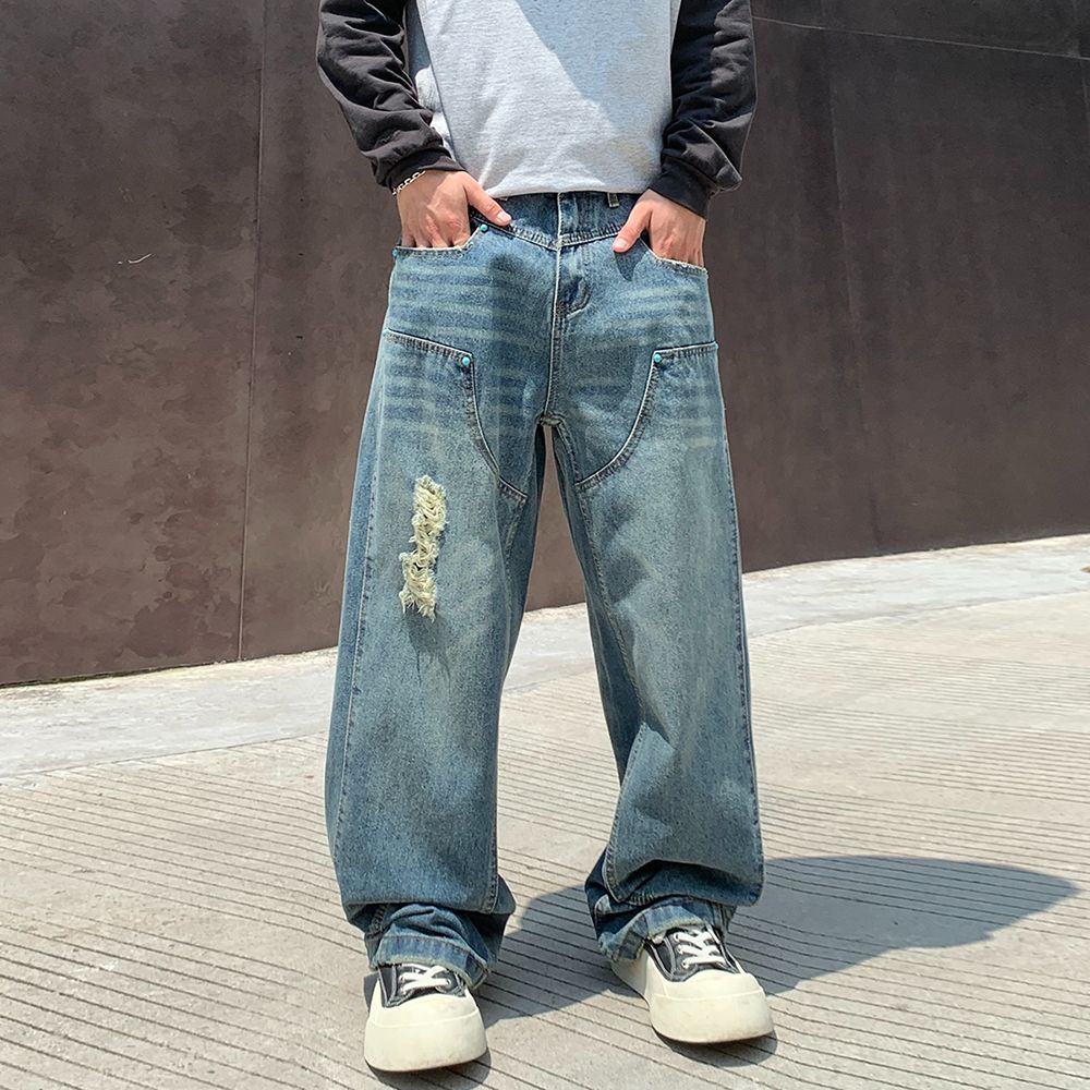 秋季新款美式潮牌硬漢寬松直筒AC巴家網紅推薦酷帥男女中性牛仔褲