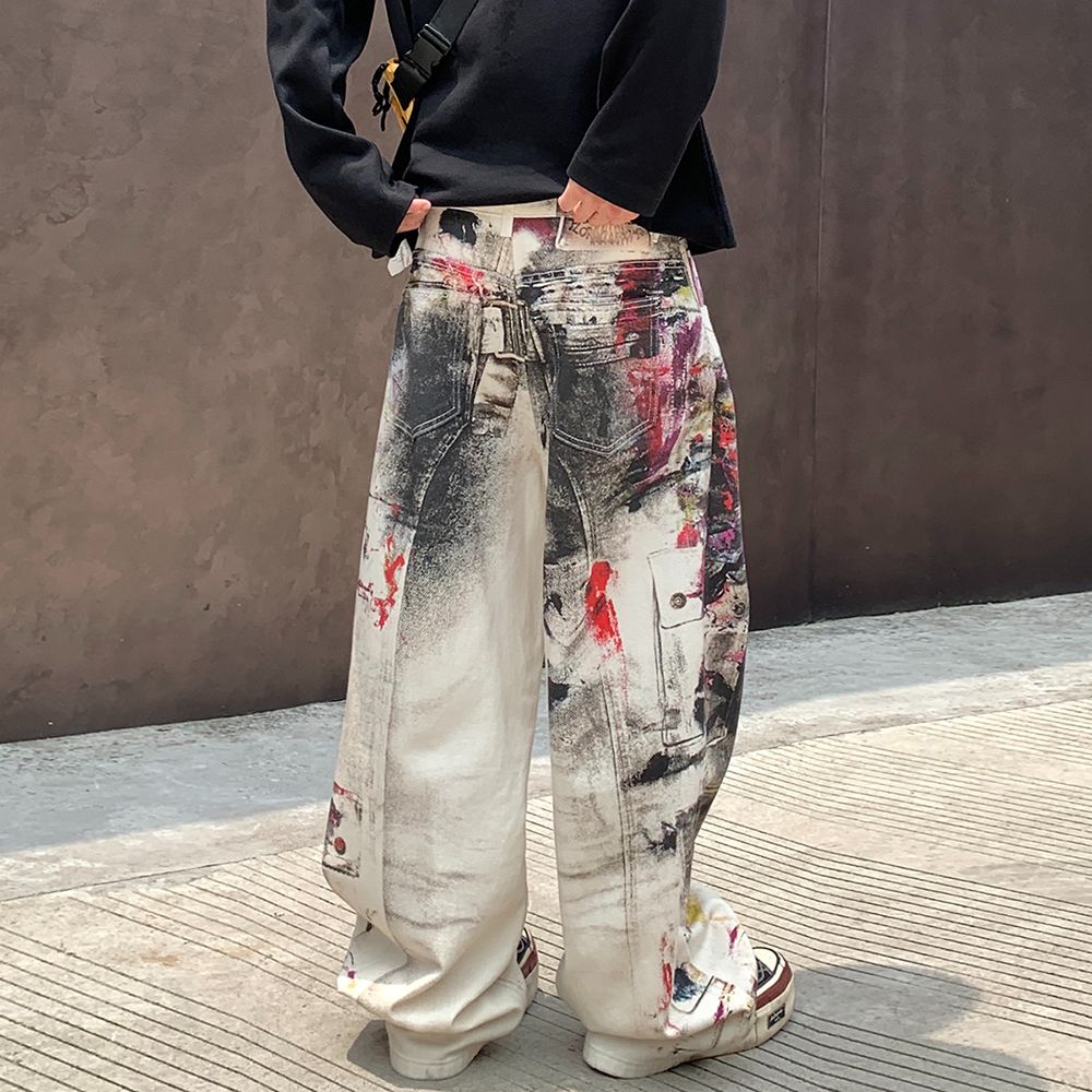 新款數碼印花寬松AC潮款灼燒牛仔褲男女中性款酷帥潮高街涂鴉長褲