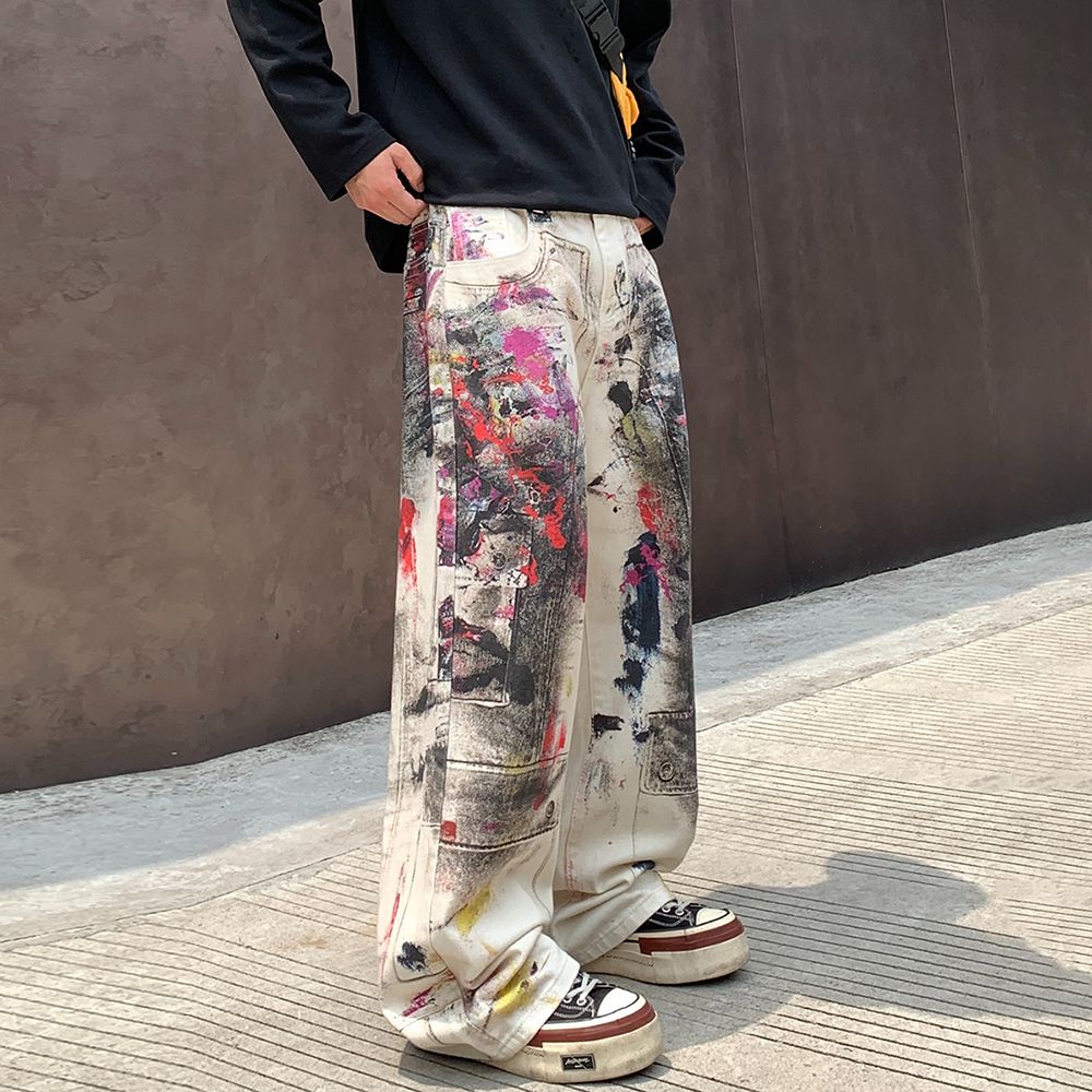 新款數碼印花寬松AC潮款灼燒牛仔褲男女中性款酷帥潮高街涂鴉長褲