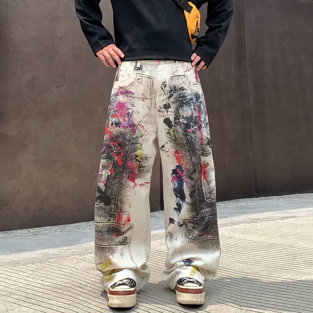 新款數碼印花寬松AC潮款灼燒牛仔褲男女中性款酷帥潮高街涂鴉長褲