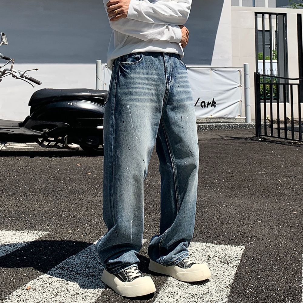 實拍2025秋季新款美式潮牌微寬松直筒潑墨涂鴉臟臟牛仔長褲男