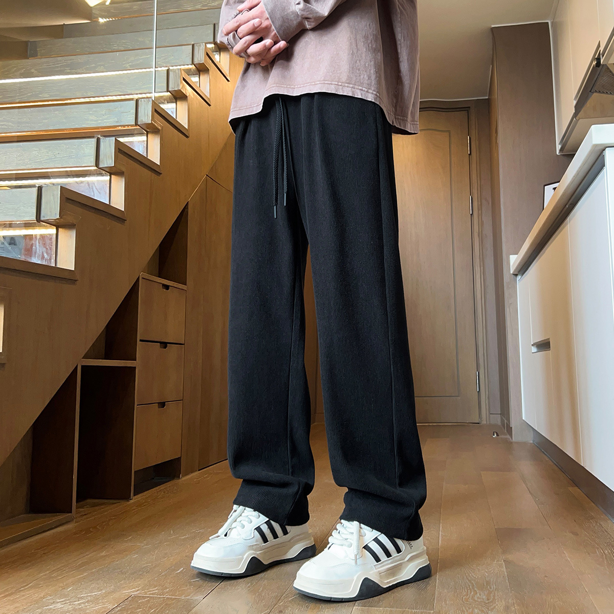 實拍2025秋季新款美式潮流針織長褲垂感直筒拖地褲子男平腳闊腿褲