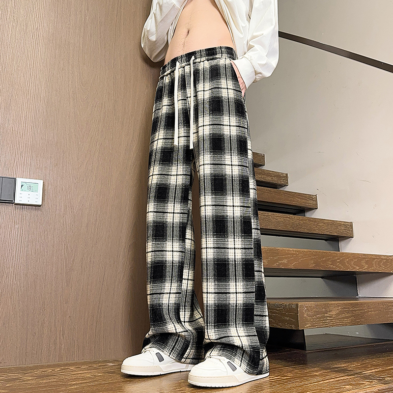 實拍2025新款潮牌格子褲男女中性款高街寬松直筒垂感闊腿休閑褲
