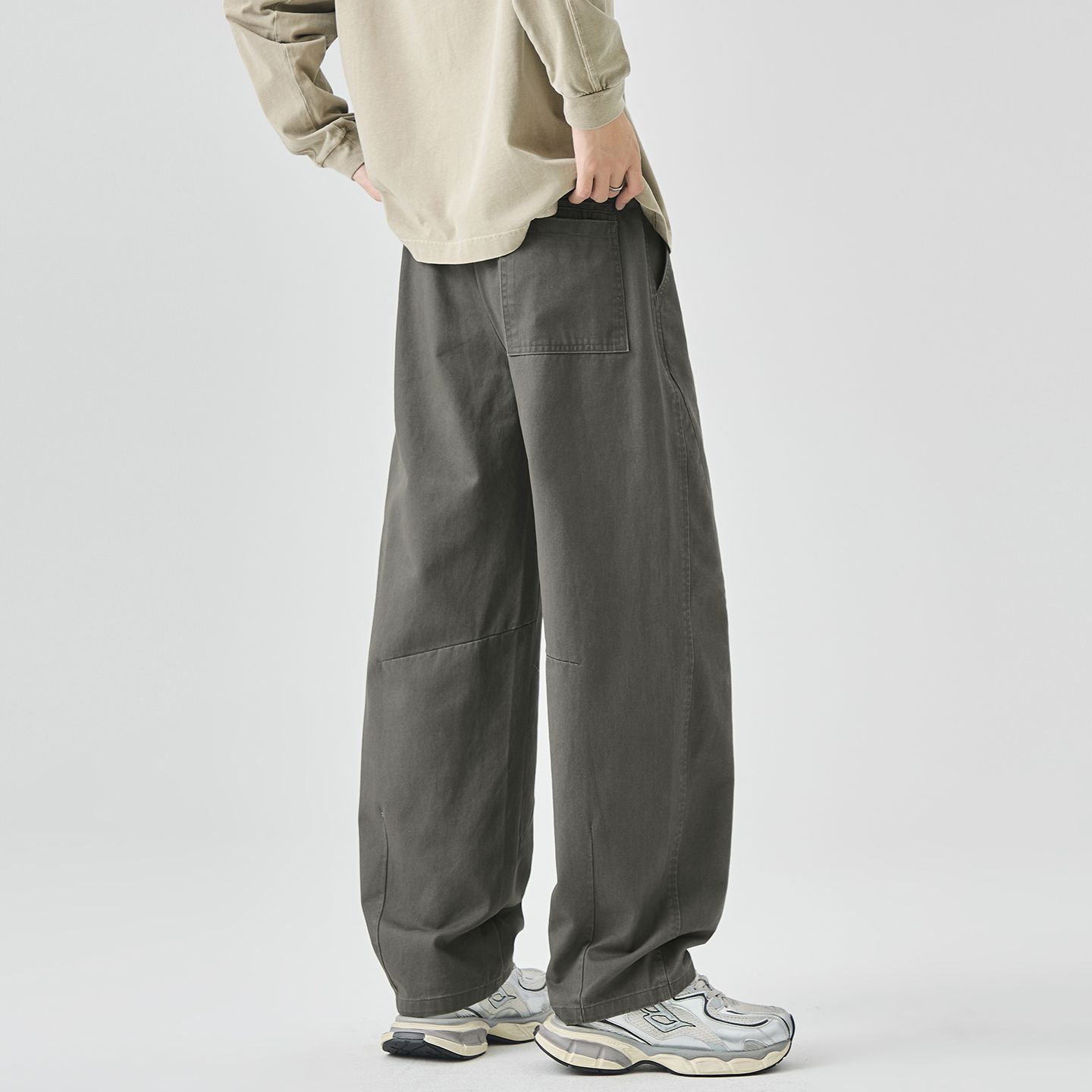 實拍2025秋季新款純棉小彎刀休閑褲男寬松百搭拼接闊腿工裝褲子