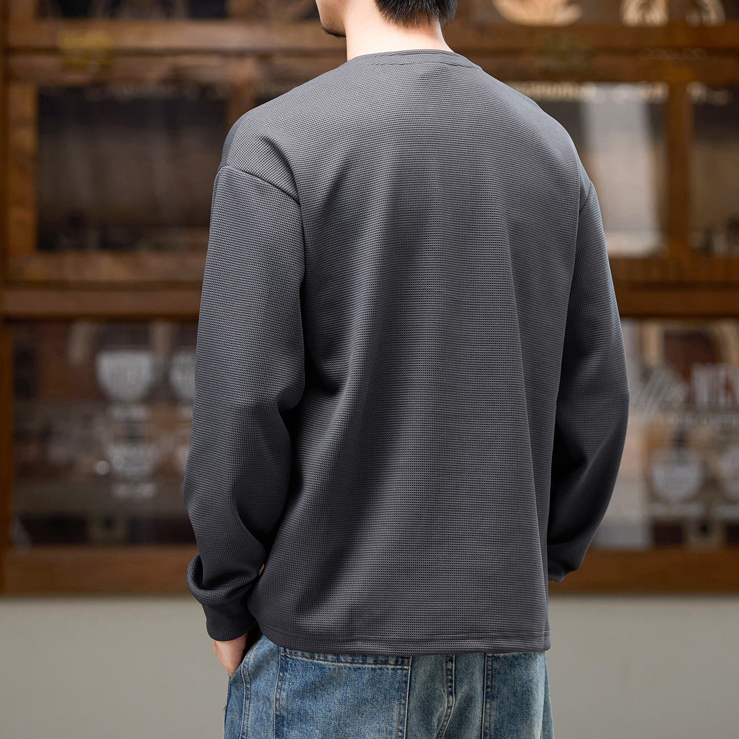 實拍2025秋季新款長袖T恤男V領半紐扣設計寬松純色美式打底衫上衣
