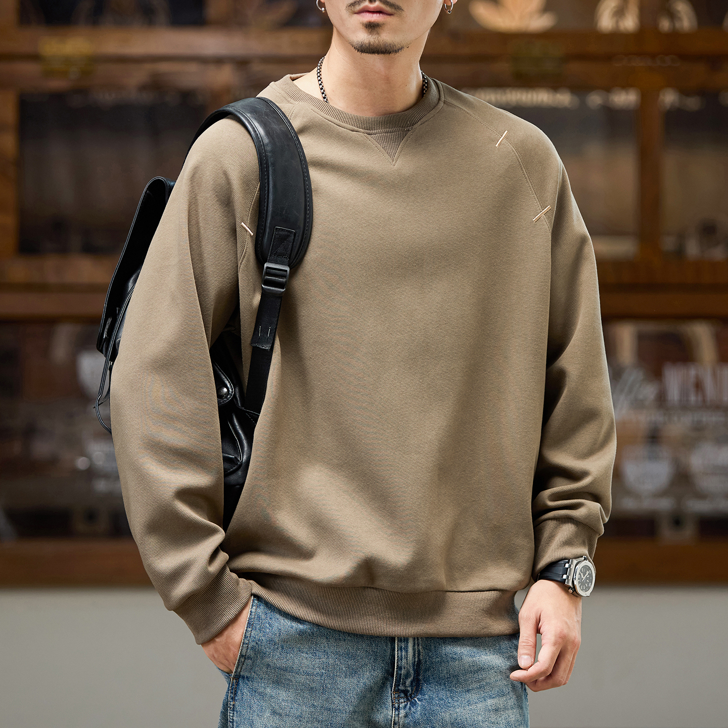 實拍2025秋冬季新款美式圓領長袖體恤男男潮牌寬松休閑衛衣